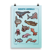 Aquatic Animals Poster - 10 Illustrated Water-dwelling Animals - Original Illustrated Poster